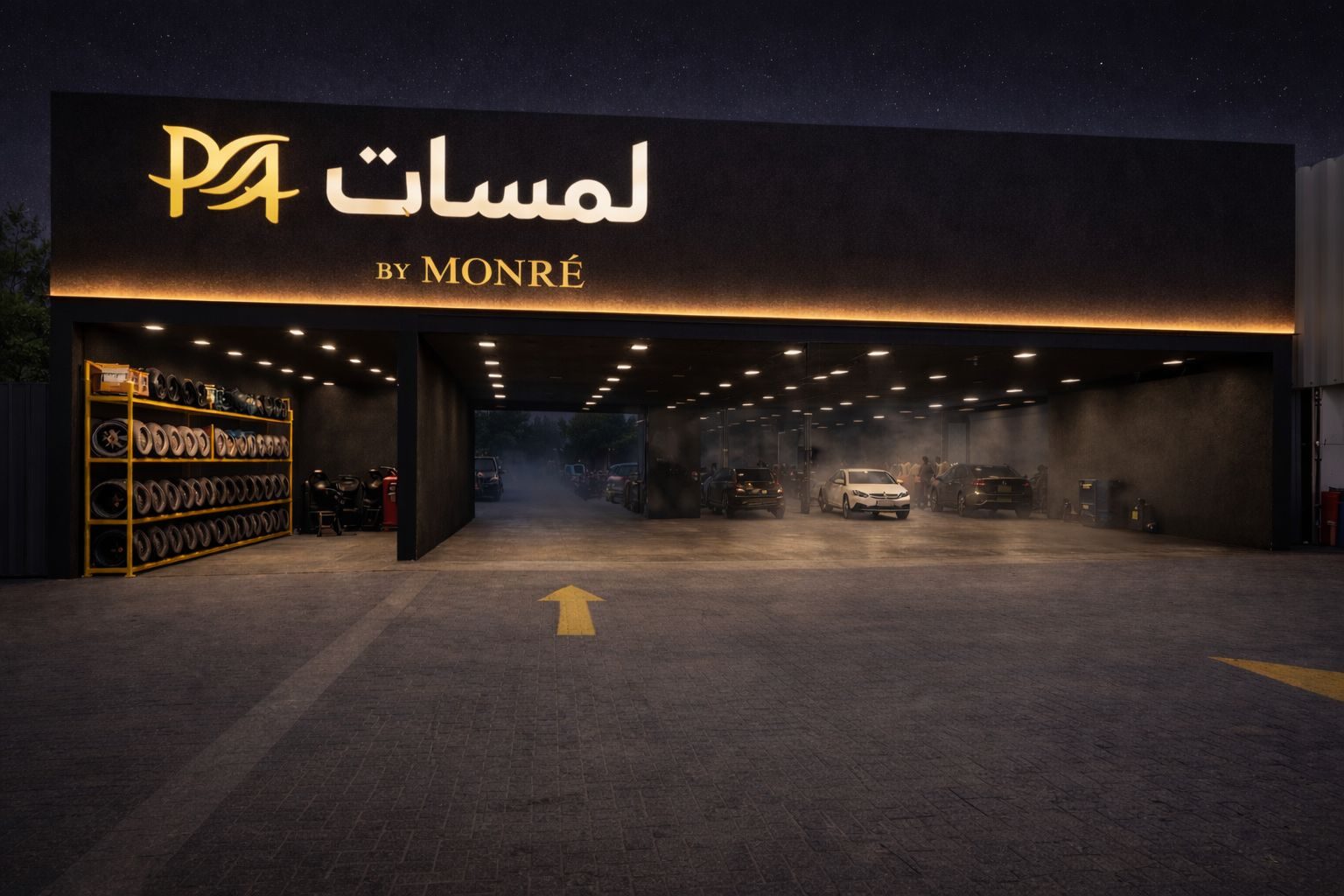 The MONRÉ auto centre entrance at Al Dhait South, lit at night