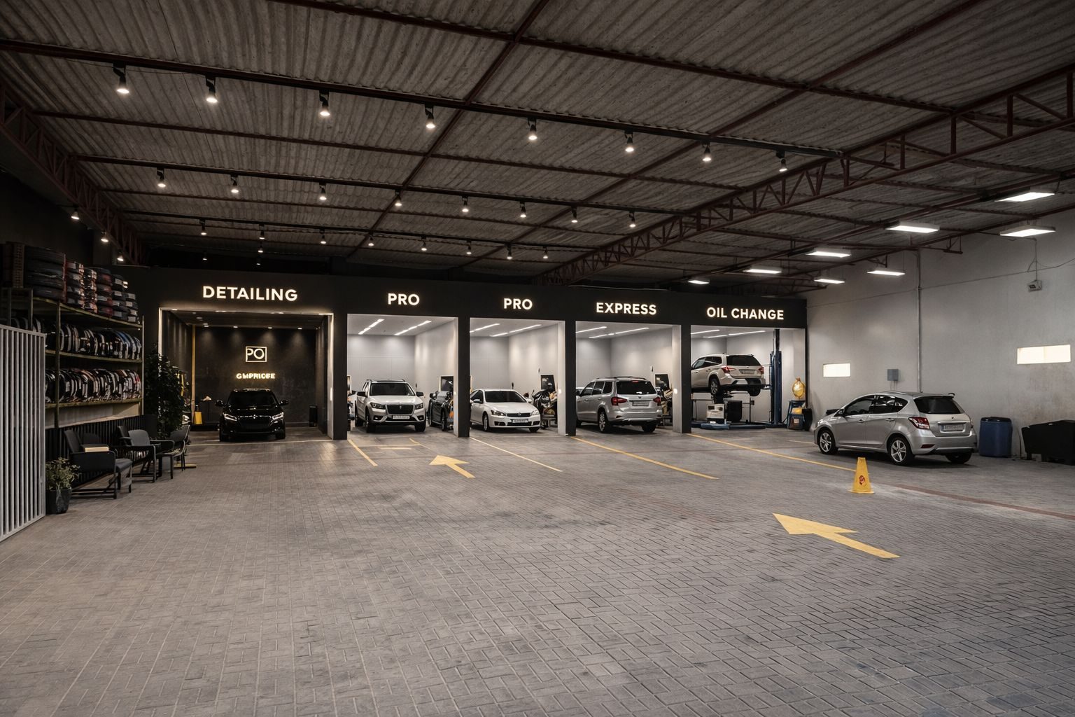 Five signed service bays inside the MONRÉ auto centre at Al Dhait South