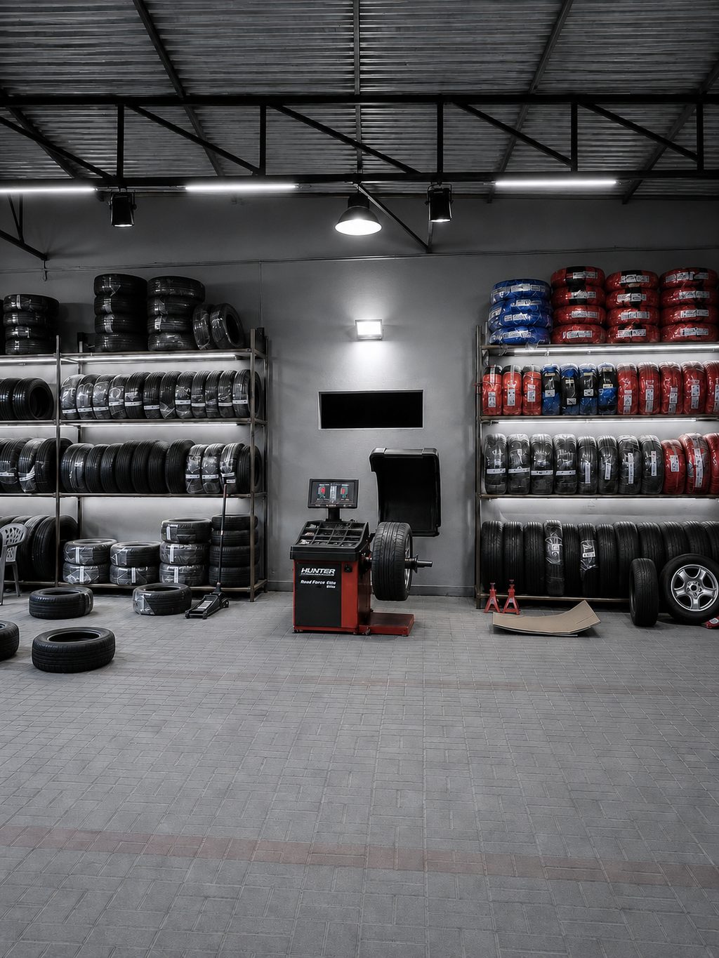 A wheel balancer and racked tyre stock inside the MONRÉ auto centre at Al Dhait South