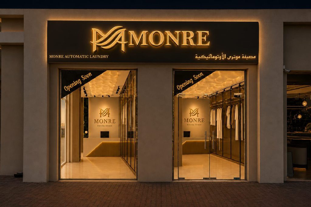 The fitted-out MONRÉ Automatic Laundry storefront at Mina Al Arab