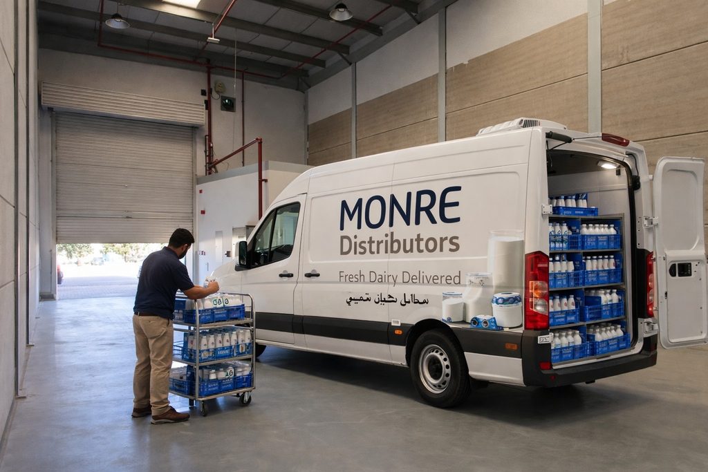A branded MONRÉ refrigerated van being loaded with fresh dairy